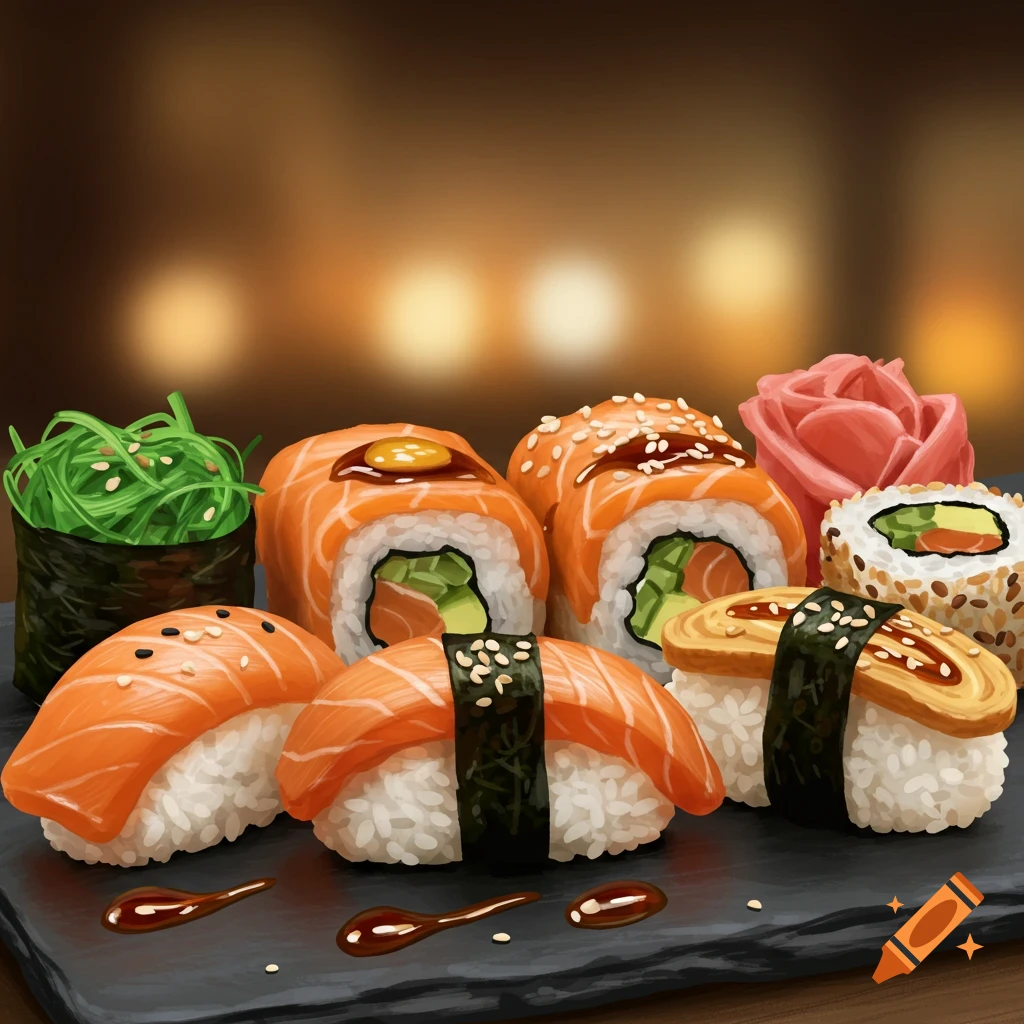 A platter of various sushi rolls and nigiri with ginger, seaweed salad, and sauce drips