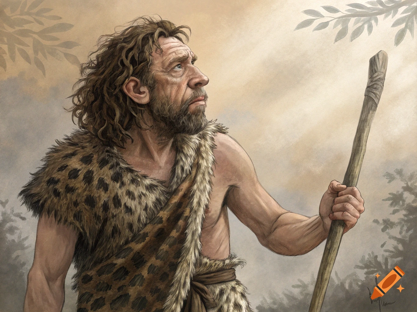 Detailed illustration of a Neanderthal man in animal skins holding a stick, looking towards the light.