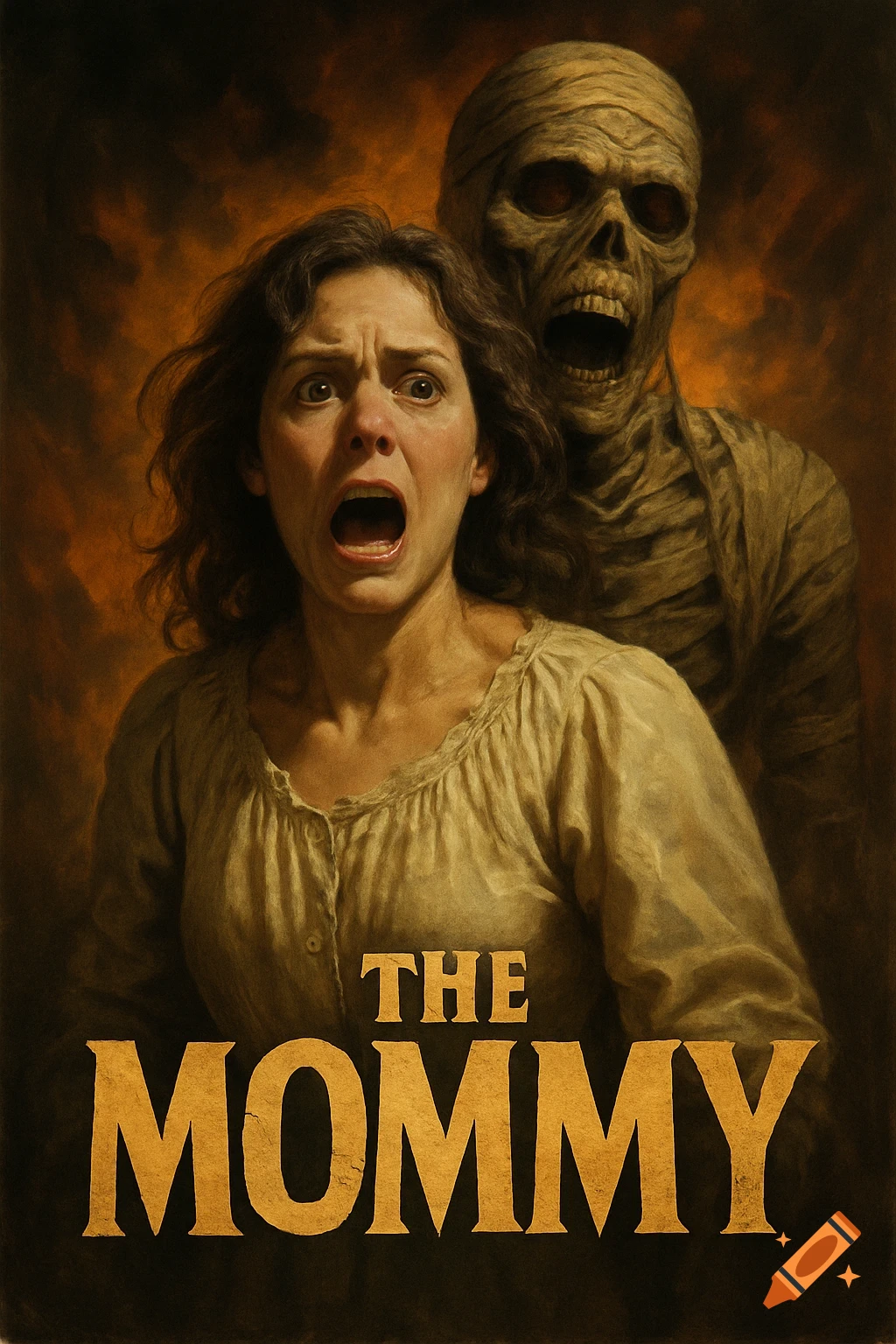 A screaming woman is terrified by a mummy behind her, vintage horror movie poster style.