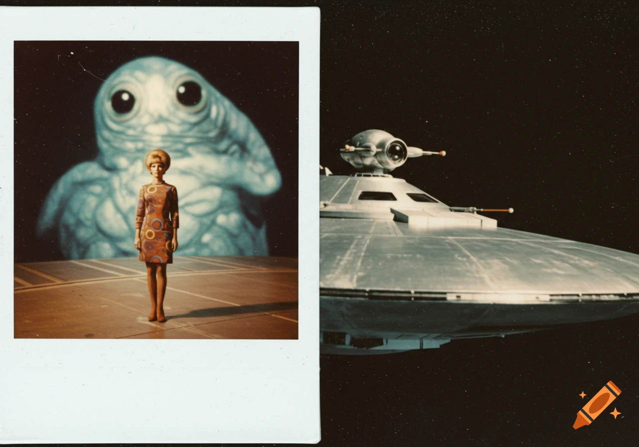 A 1960s woman stands before a large alien head, with a spaceship to the right, in a vintage Polaroid style photo.