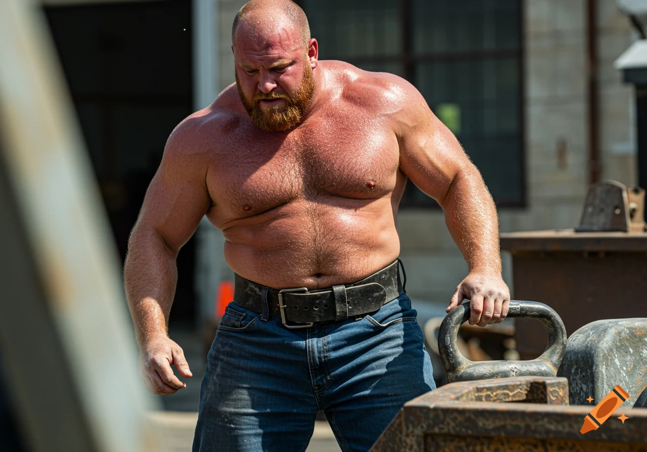 Muscular bald man with beard lifts a heavy kettlebell.