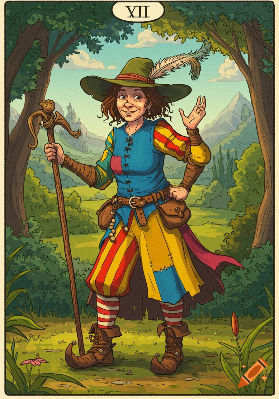 An illustration of a medieval fool holding a staff in a forest, in the style of a tarot card.