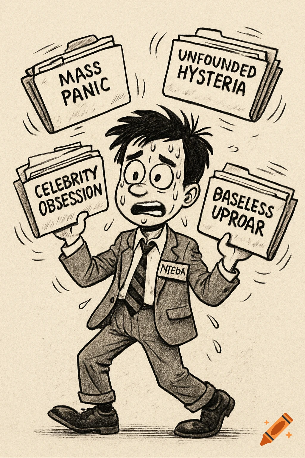 Cartoon sketch of a stressed man in a suit juggling files labeled 'Mass Panic', 'Unfounded Hysteria', 'Celebrity Obsession', and 'Baseless Uproar', sweating profusely.