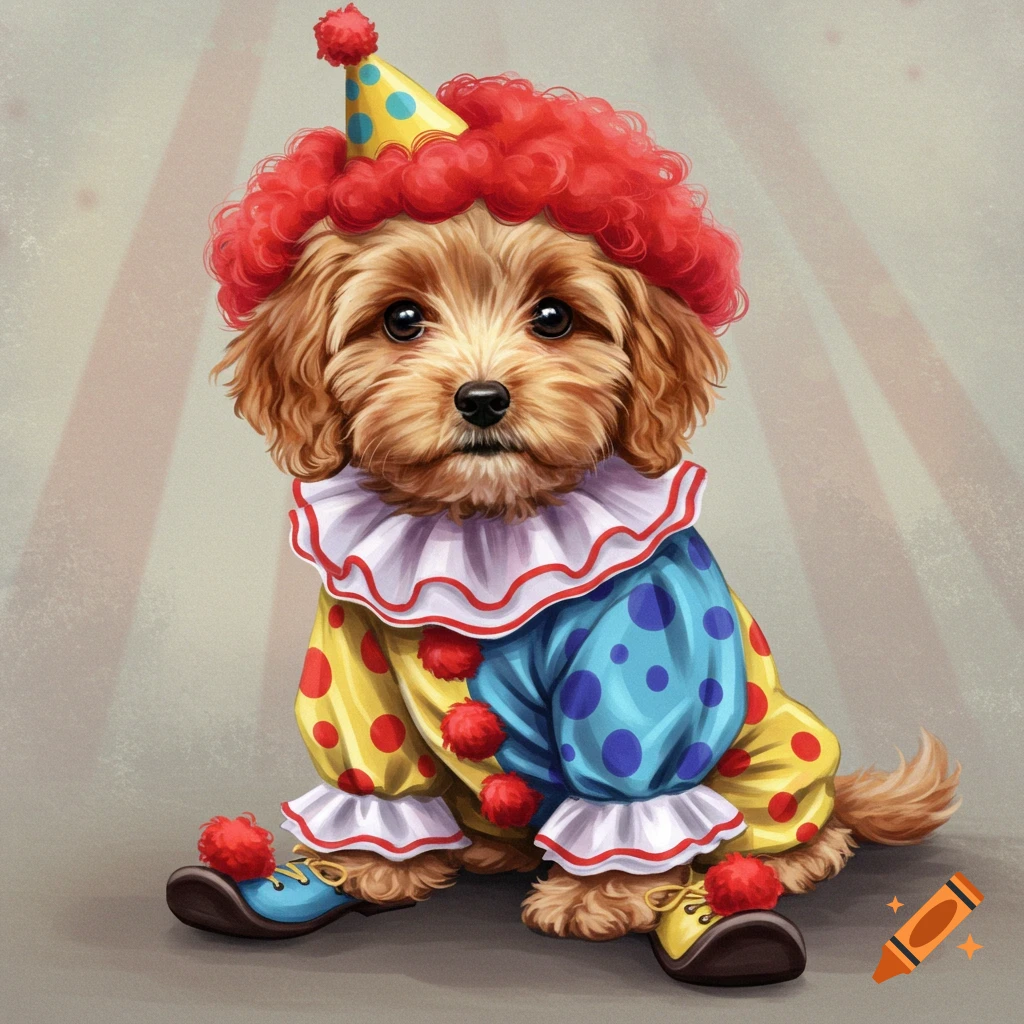 A puppy wears a colorful clown costume with a ruffled collar and a party hat.