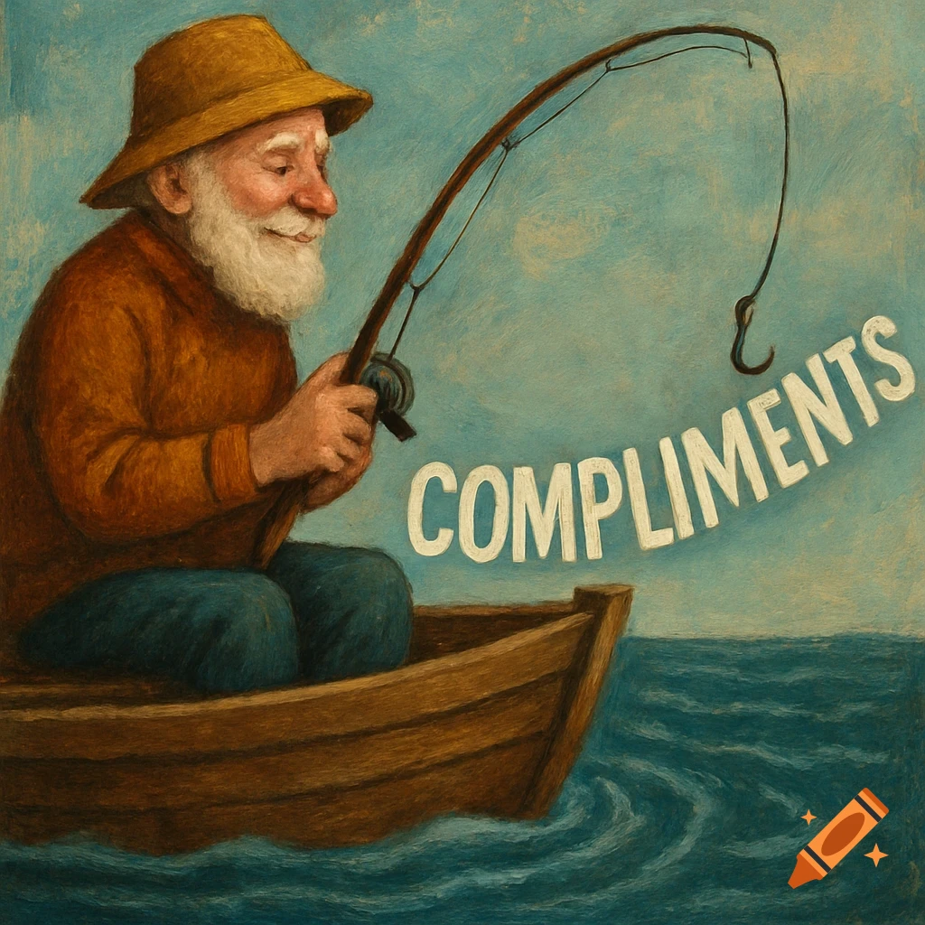 Old man in a boat catches the word COMPLIMENTS on his fishing line, painterly style.