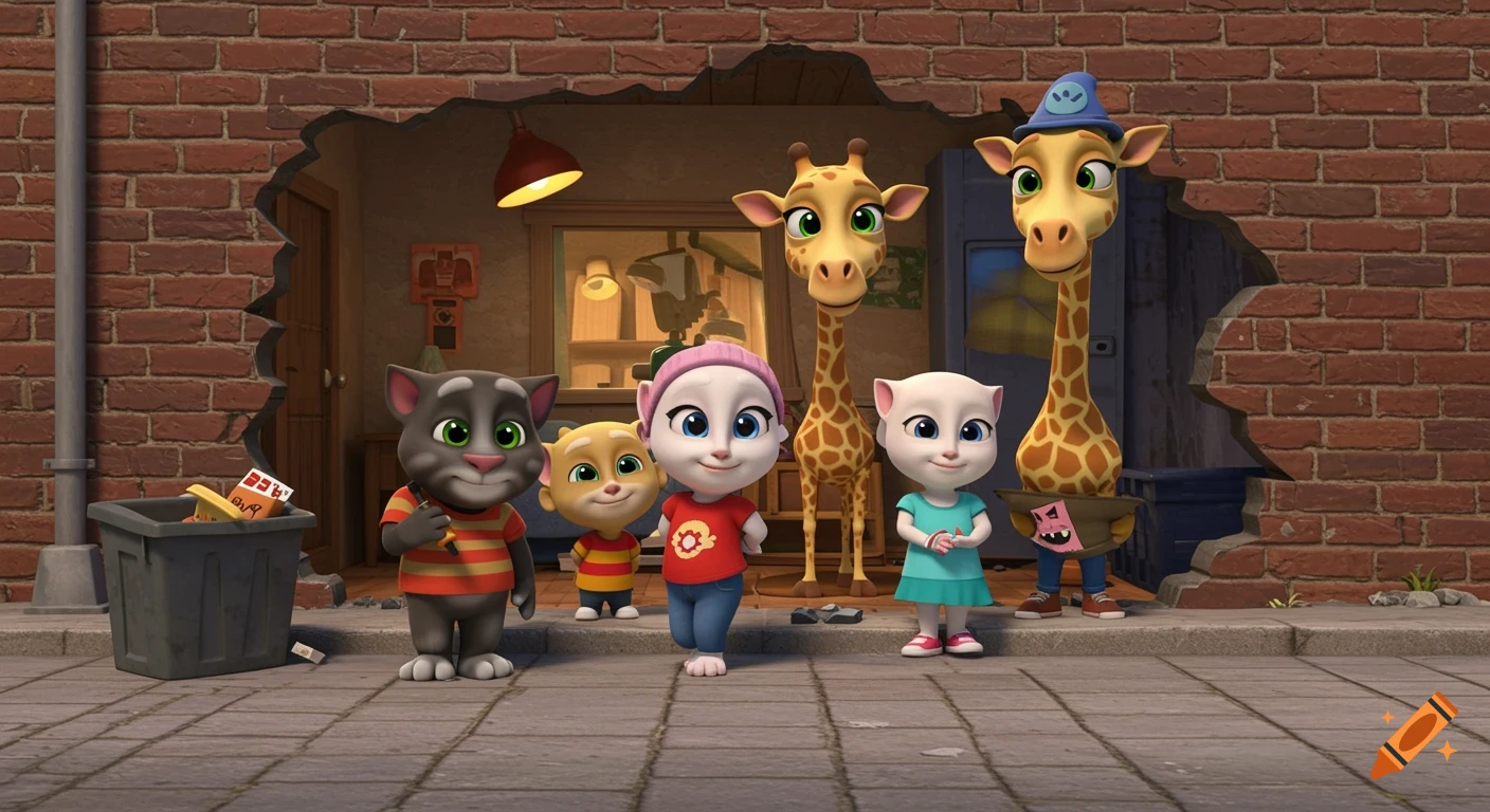 Talking Tom and Friends characters and two giraffes outside a wall with a hole, 3D animation style