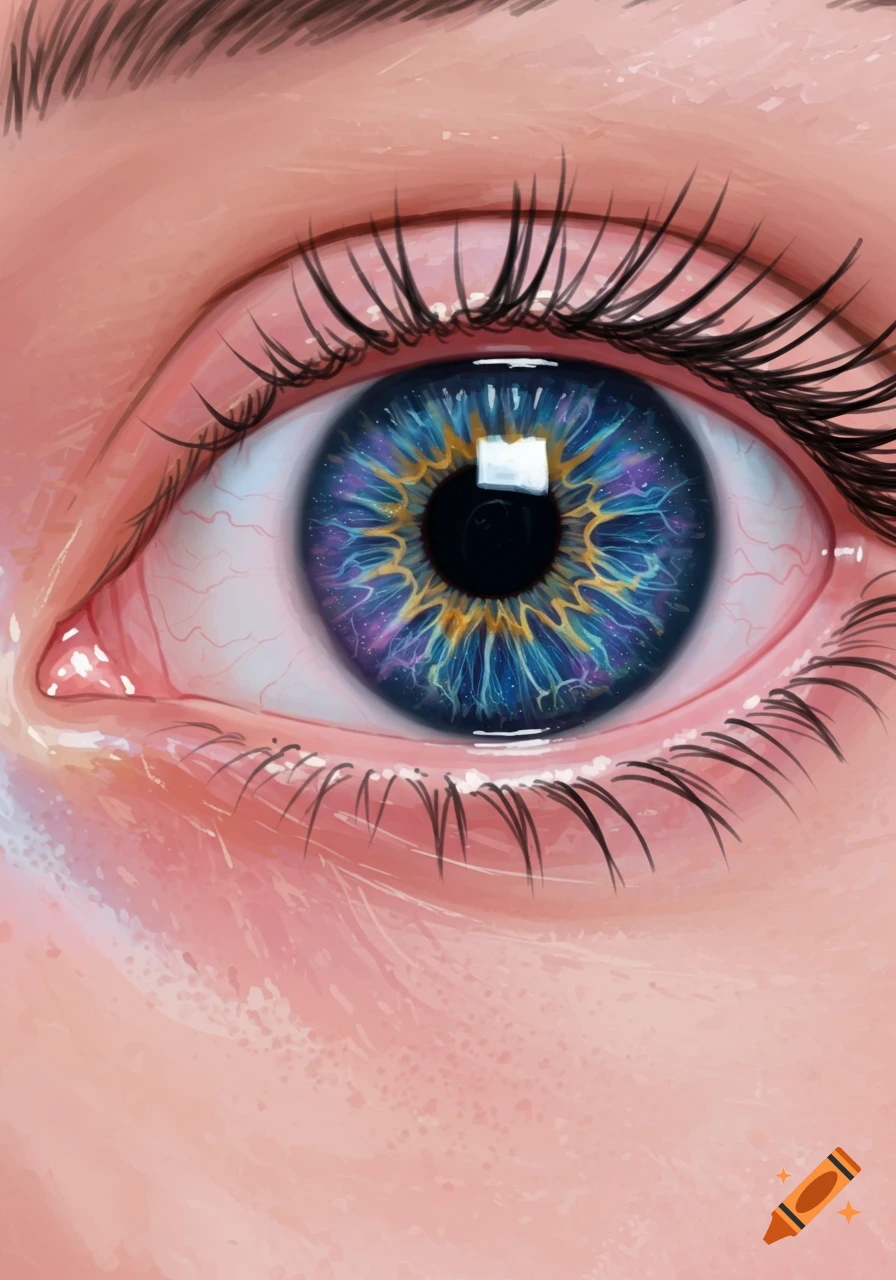 Close-up illustration of an eye with a blue and gold galaxy pattern in the iris.