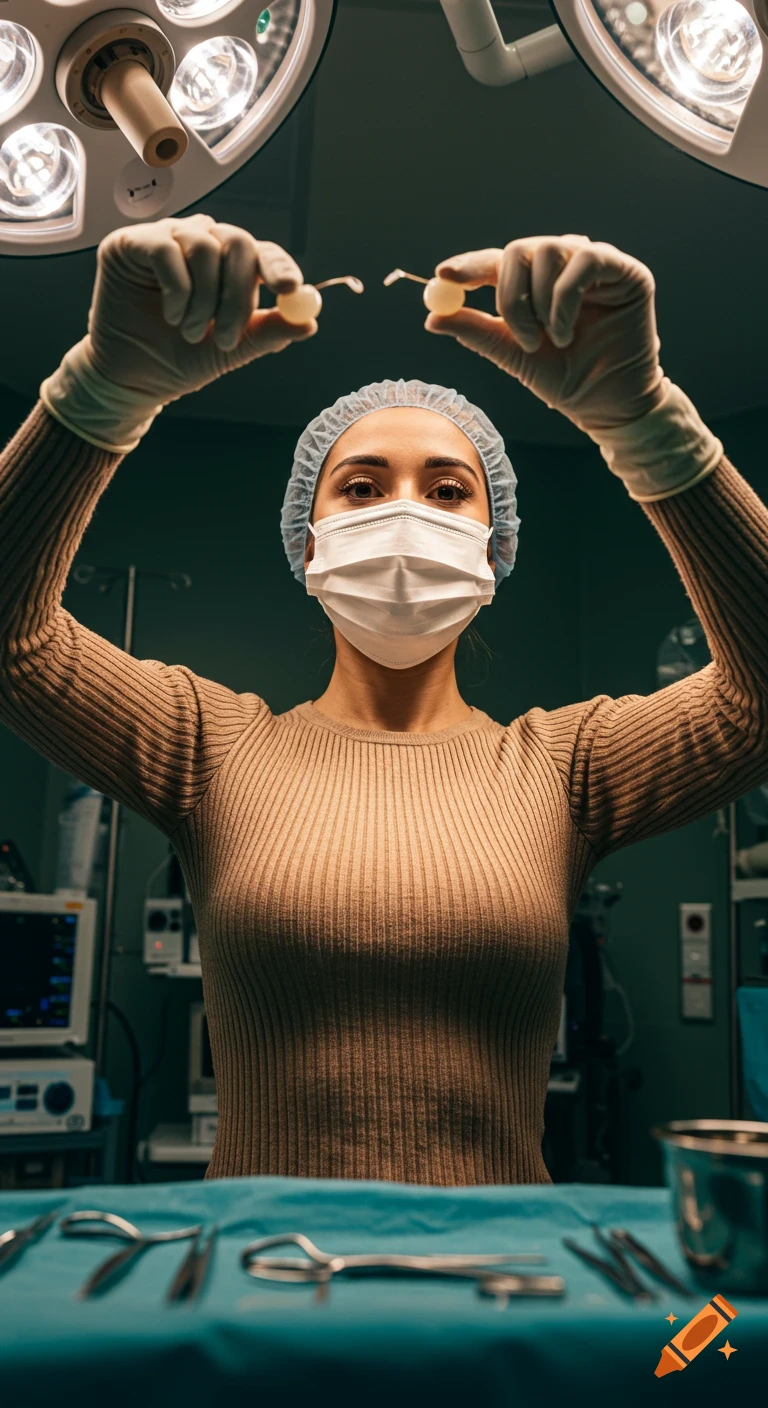 Person in surgical mask and cap holding objects in operating room