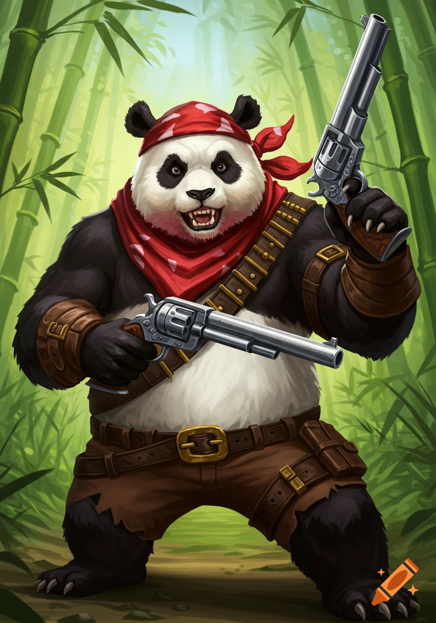 A stylized illustration of a panda character dressed like a cowboy, wearing a bandana and bandolier, holding two revolvers in a bamboo forest.