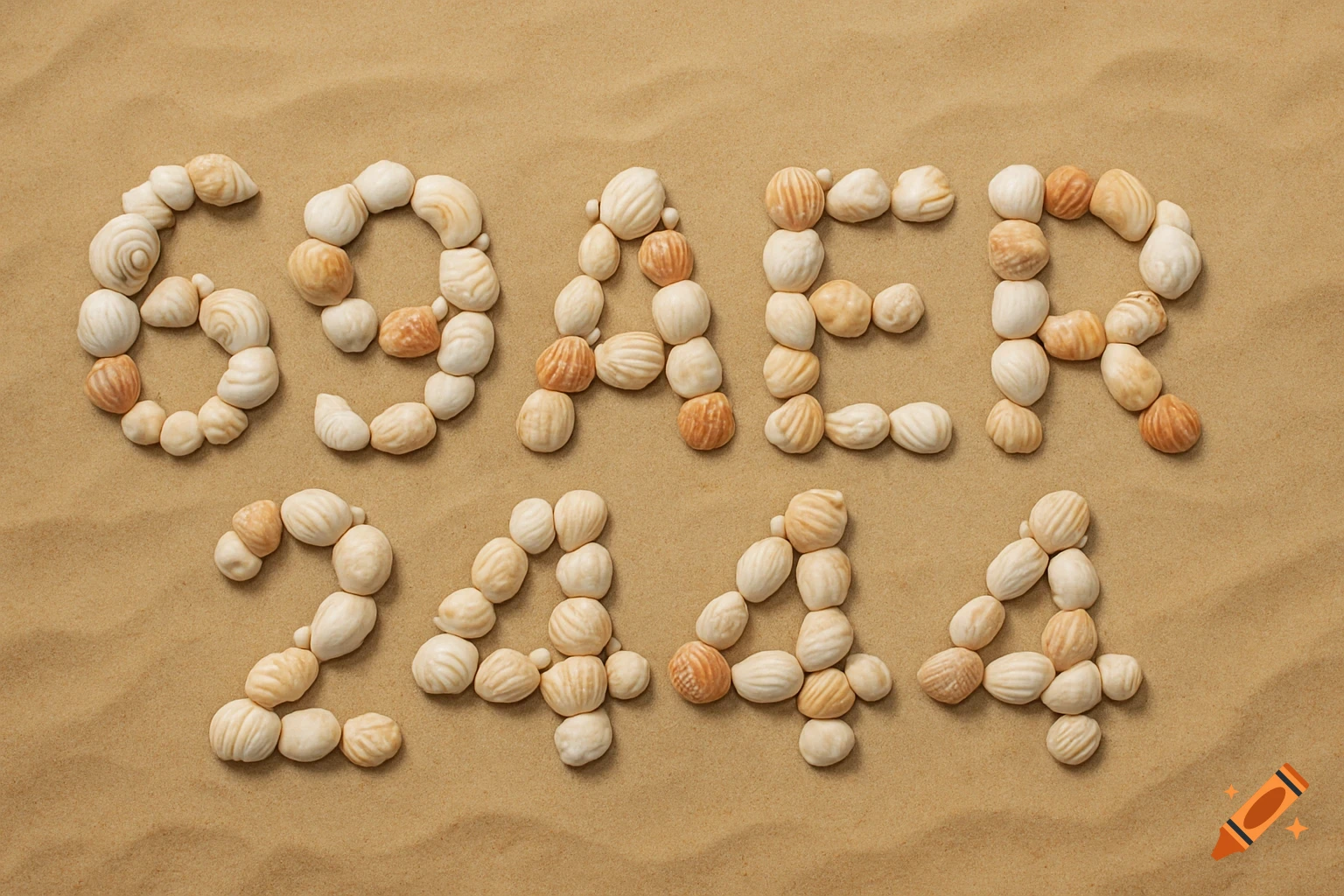 Seashells form the phrase 69AER244 on sand