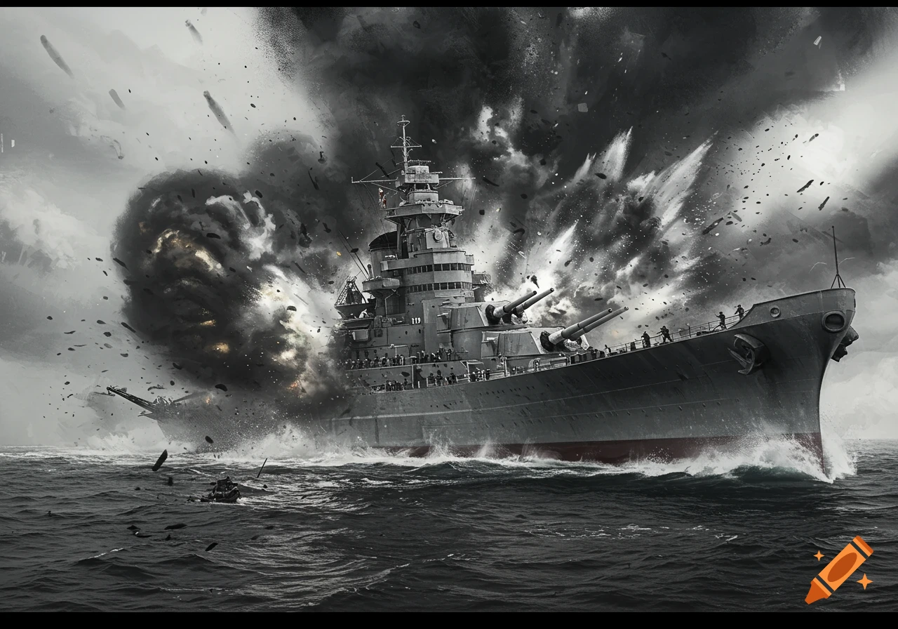 A dramatic grayscale scene of a battleship exploding in rough seas.