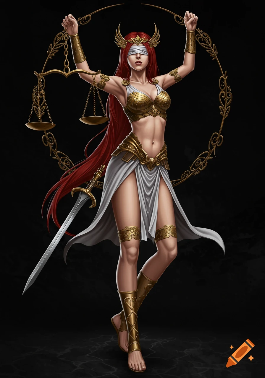 Blindfolded woman dressed as goddess of justice with scales and sword