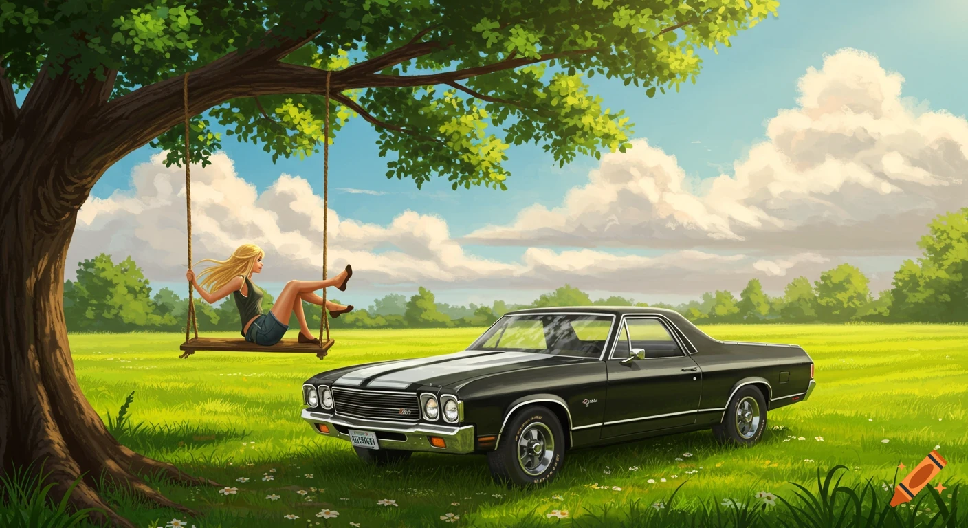 A woman swings from a tree branch above a black classic car parked in a sunny green field.