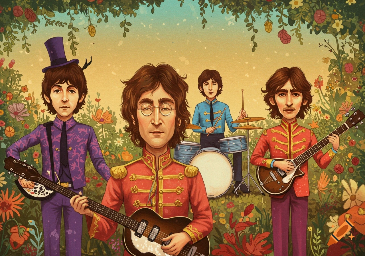 Illustration of The Beatles band playing music in a colorful garden scene.