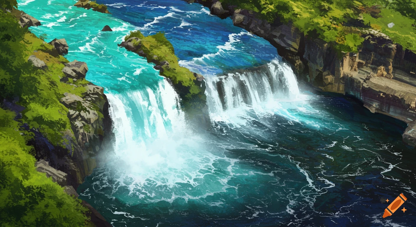 Painterly view of multiple waterfall streams converging into a river among green cliffs and rocks.