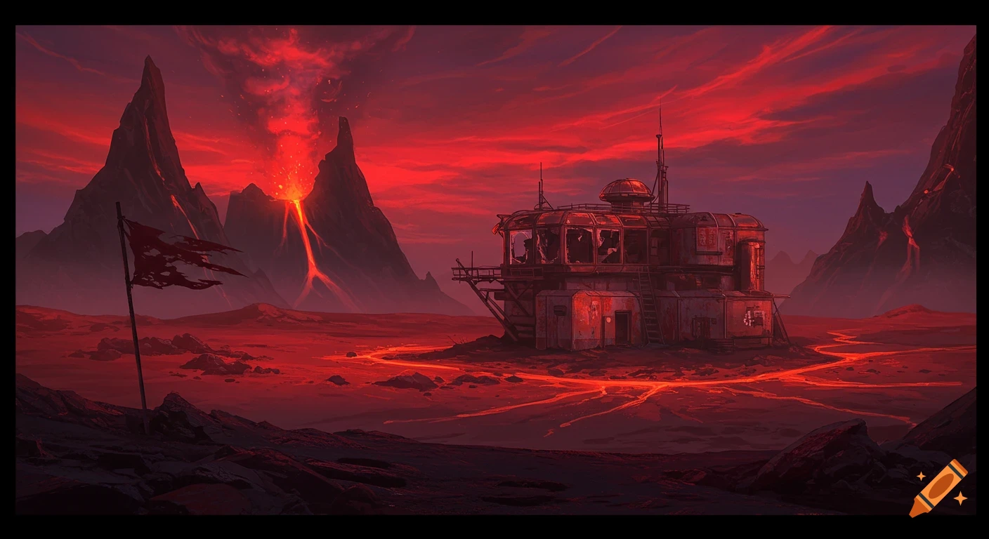 Abandoned outpost on a volcanic moon under a red sky with lava flow.