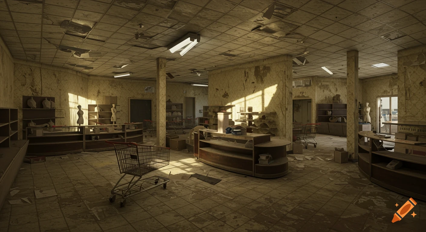 An abandoned, decaying retail store interior with shelves, shopping carts, and debris.
