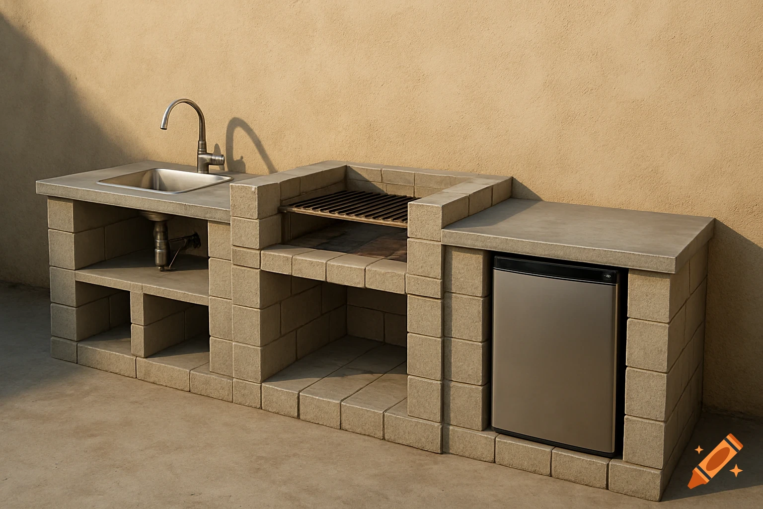 Outdoor kitchen counter with a sink, built-in grill, and mini-fridge, constructed from concrete blocks.