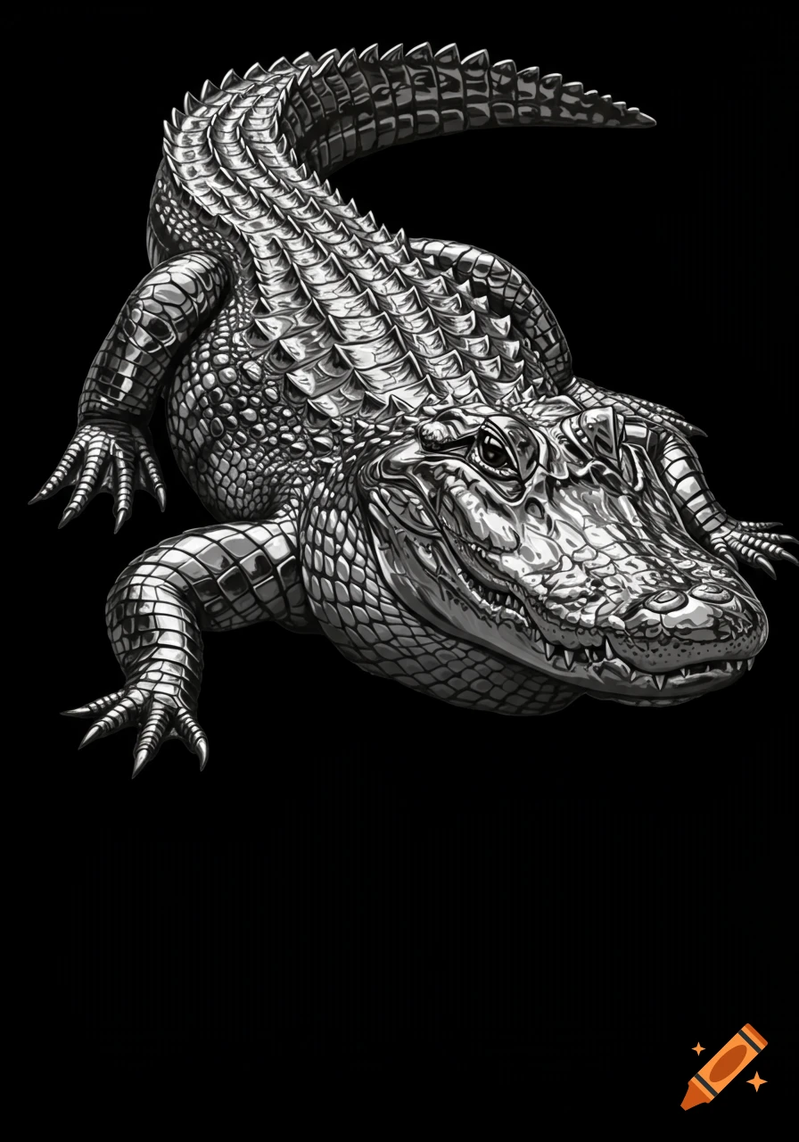 Detailed chrome alligator on a black background