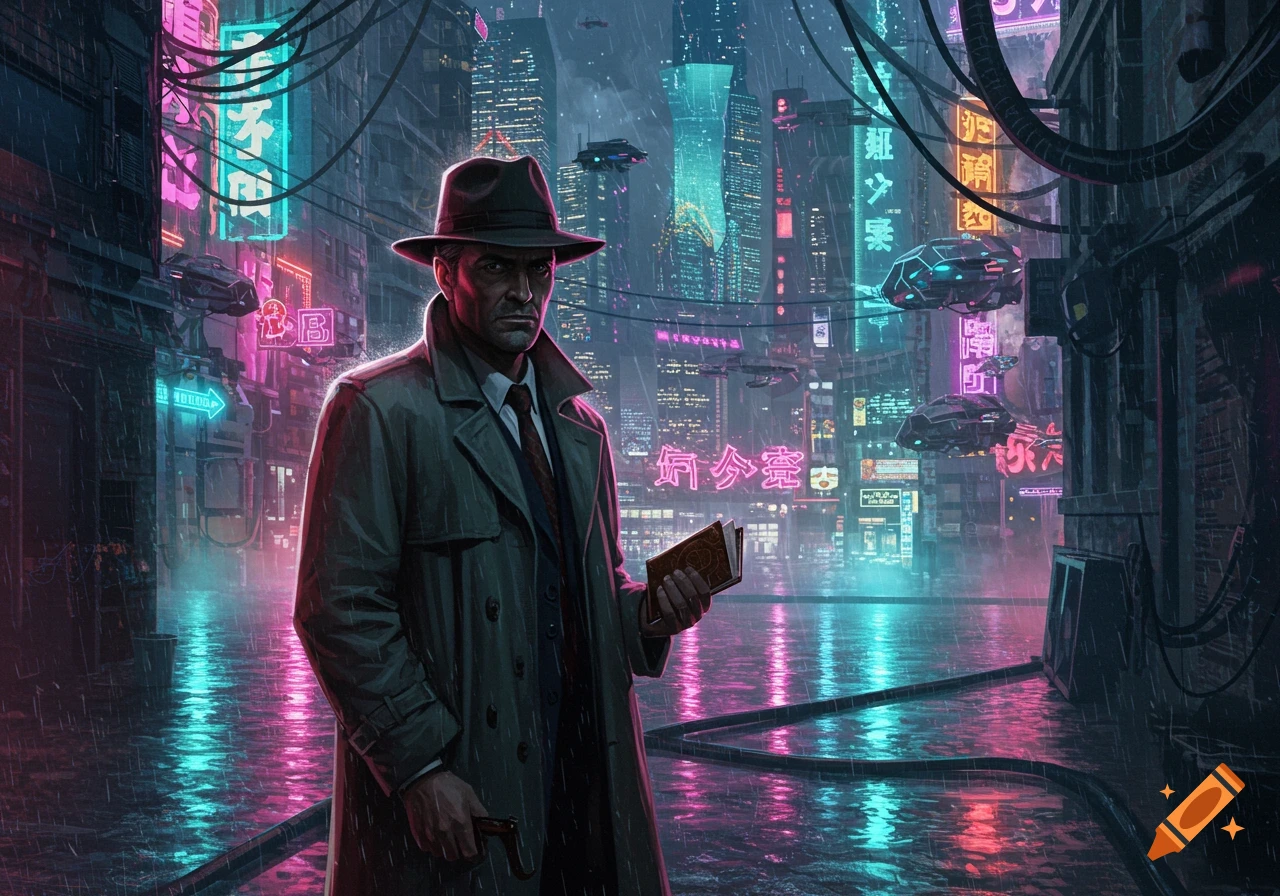 A detective in a hat and trench coat stands in a rainy, neon-lit cyberpunk city street, holding a book.