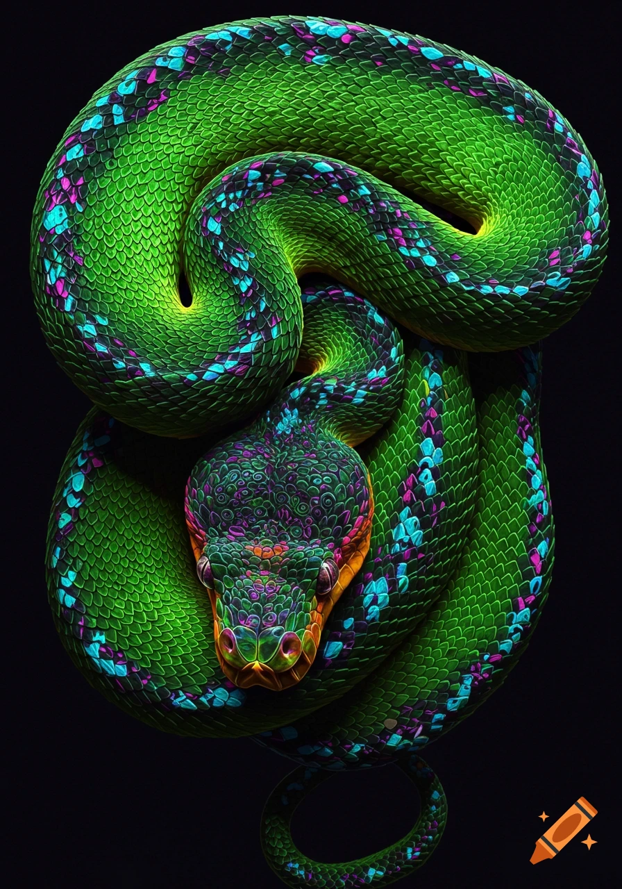 A detailed, vibrantly colored green snake coiled up against a dark background, with luminous teal and purple patterns on its scales.