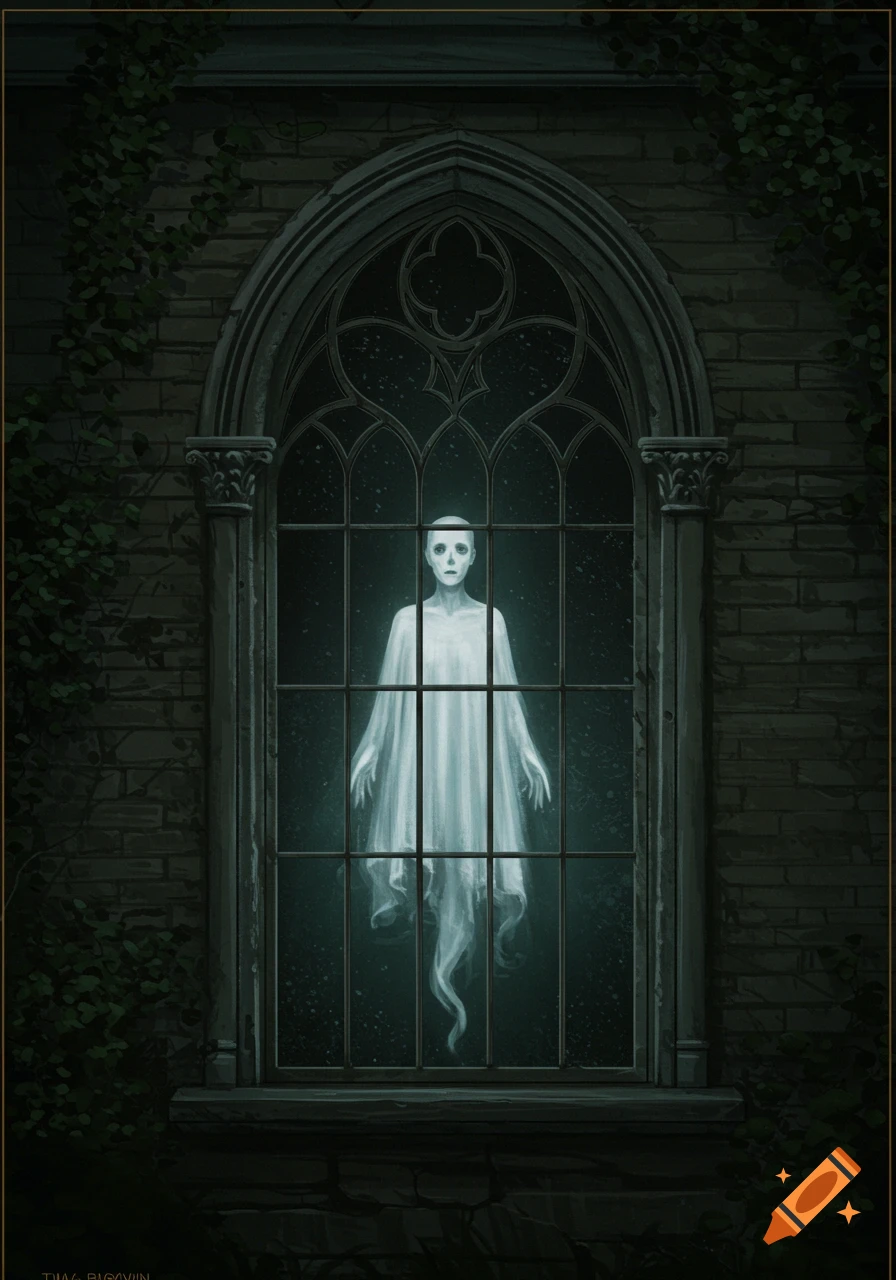 A pale, translucent ghost figure stands in a tall, arched window of a dark brick building.