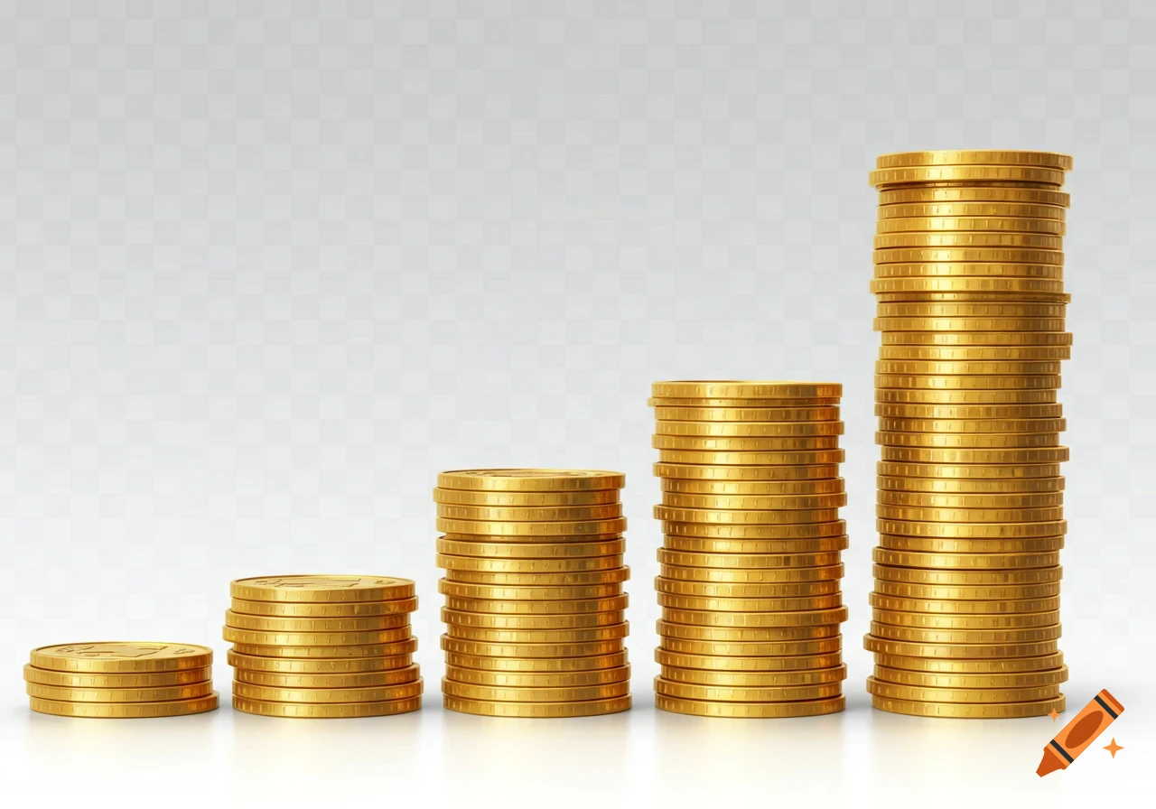 Progressively taller stacks of gold coins on a transparent background.