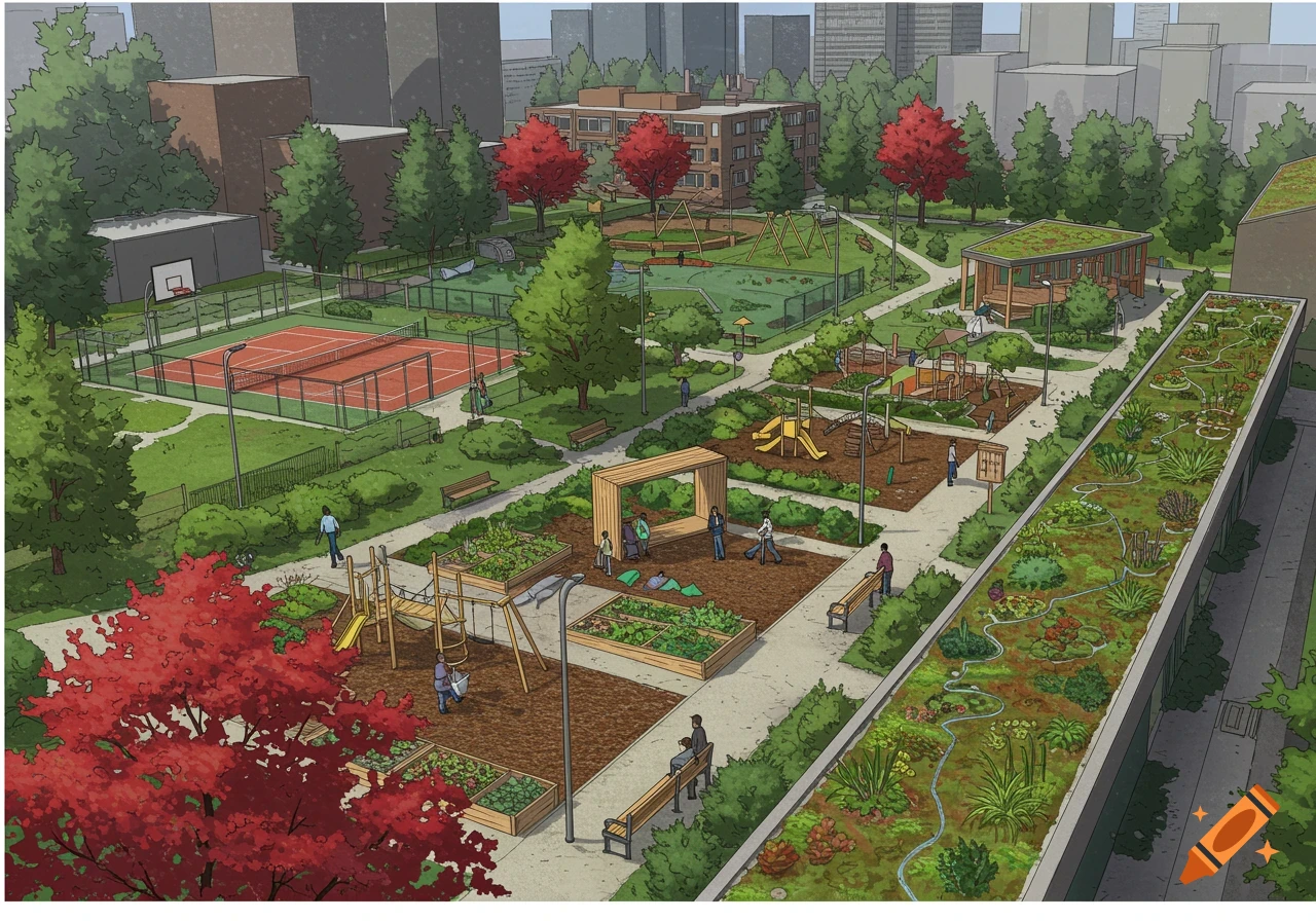 Illustration of an urban park with a community garden, playground, tennis and basketball courts, and buildings.