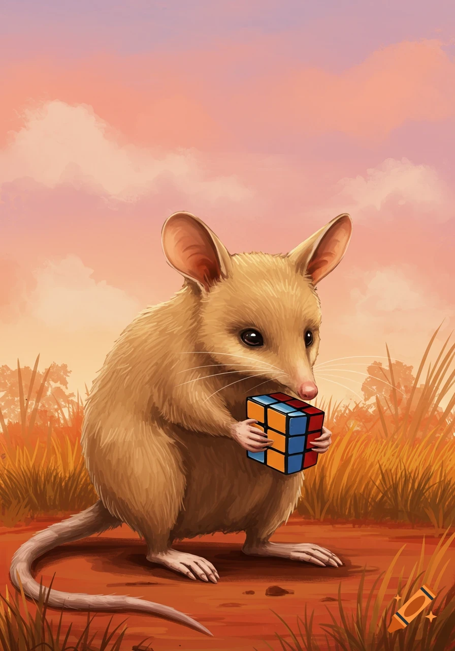 An illustration of a bilby-like creature holding a Rubik's cube in a stylized landscape.