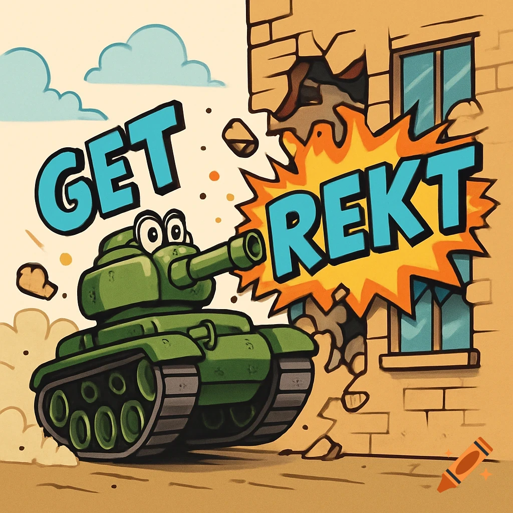 Cartoon tank breaks wall, text says 'GET REKT'
