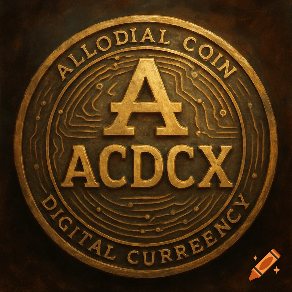 Close-up of a detailed bronze coin featuring text 'ALLODIAL COIN A ACDCX DIGITAL CURRENCY' and a raised circuit pattern.