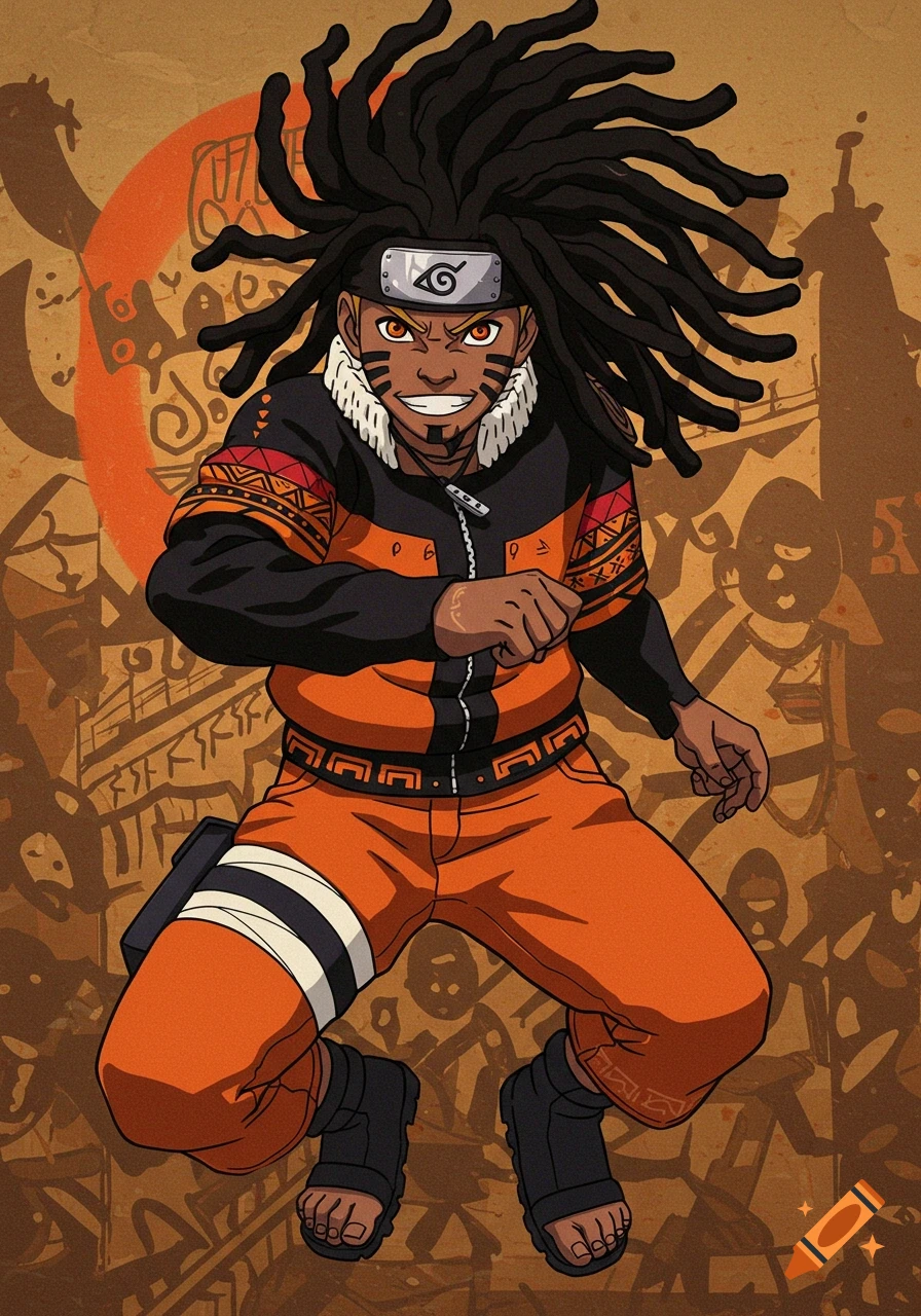 Anime illustration of an African American Naruto Uzumaki with dreads in a dynamic pose against a graffiti background.