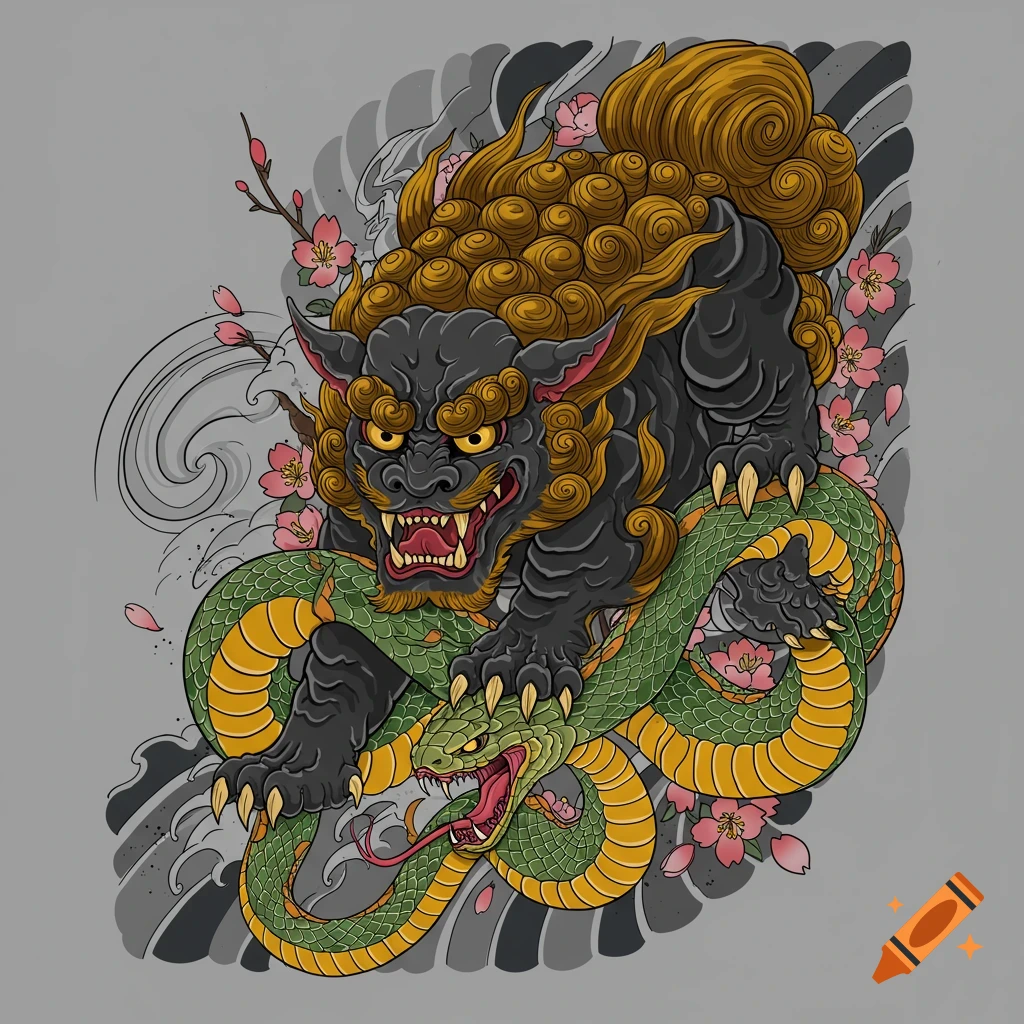 Japanese tattoo art of a foo dog fighting a snake surrounded by waves and cherry blossoms.