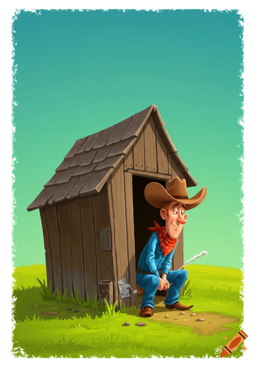 Cartoon cowboy squats beside a wooden shed.