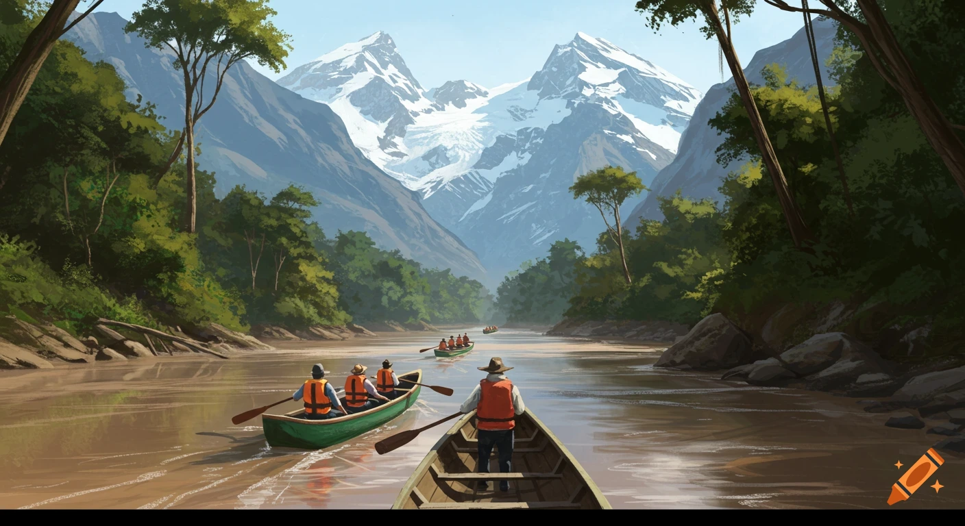 People paddle canoes down a river flanked by lush trees, heading towards snow-capped mountains.