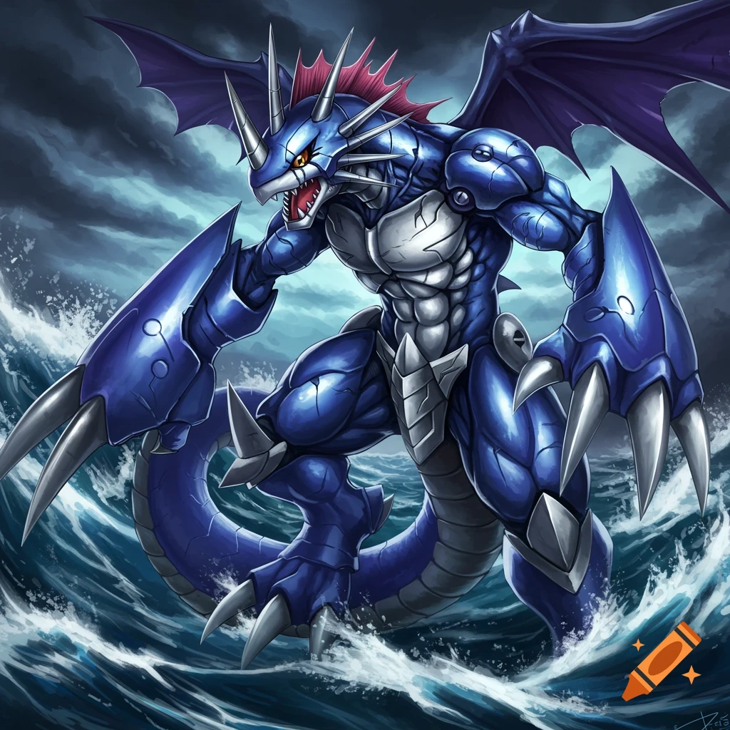 A large blue armored sea monster with wings rises from stormy water.