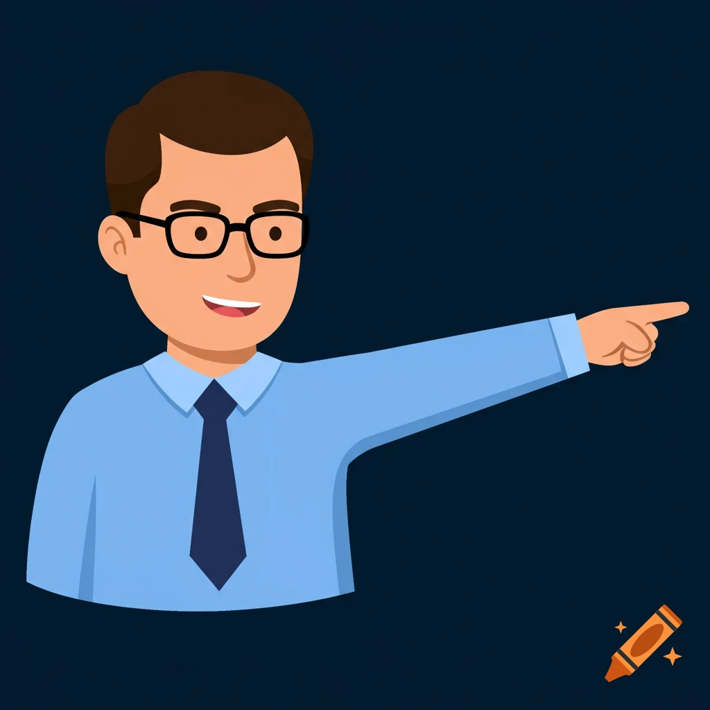 Cartoon avatar of a man with glasses, blue shirt, and dark tie pointing to the right.