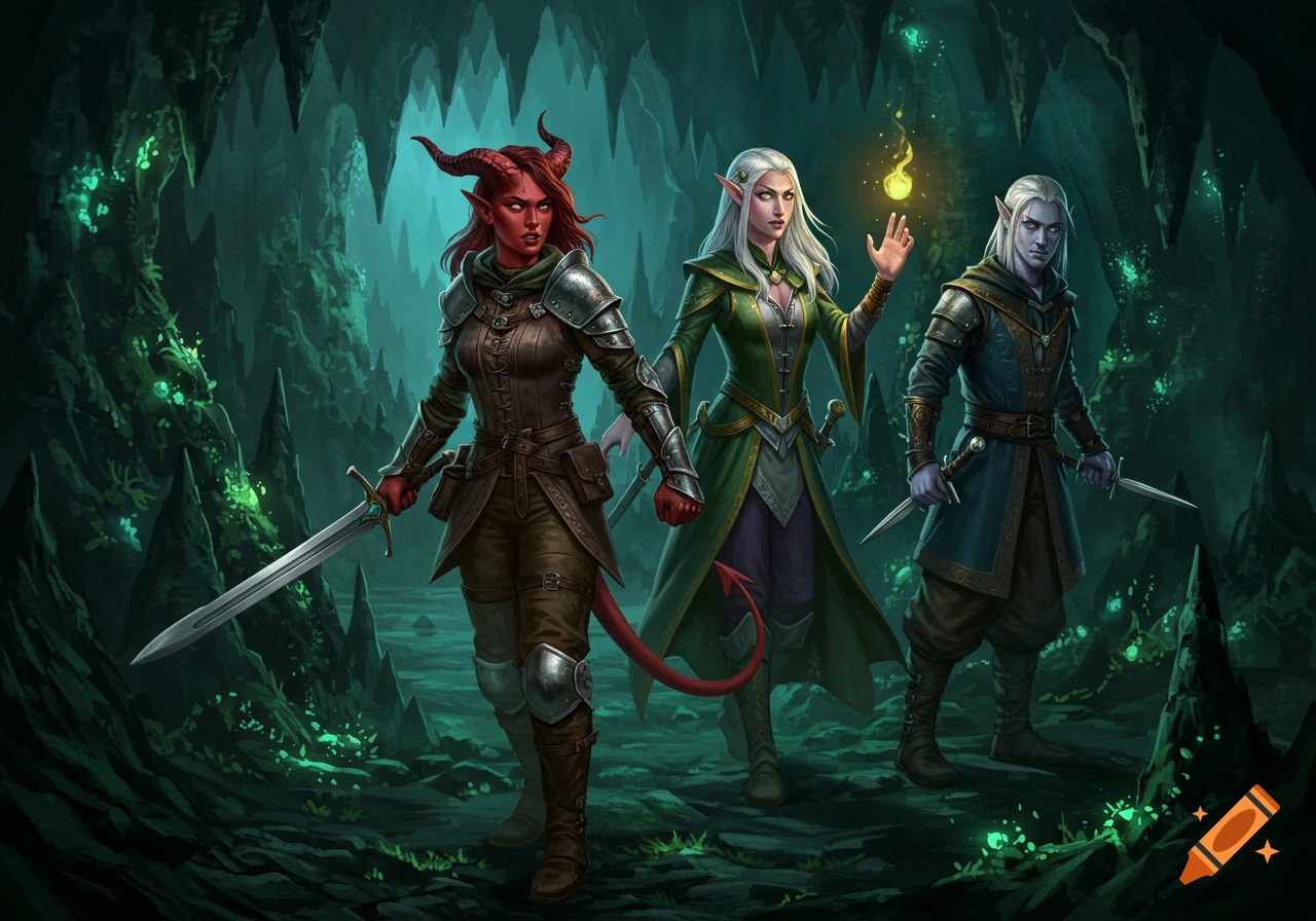 Three fantasy adventurers, a tiefling, an elf, and a drow, in a cave.