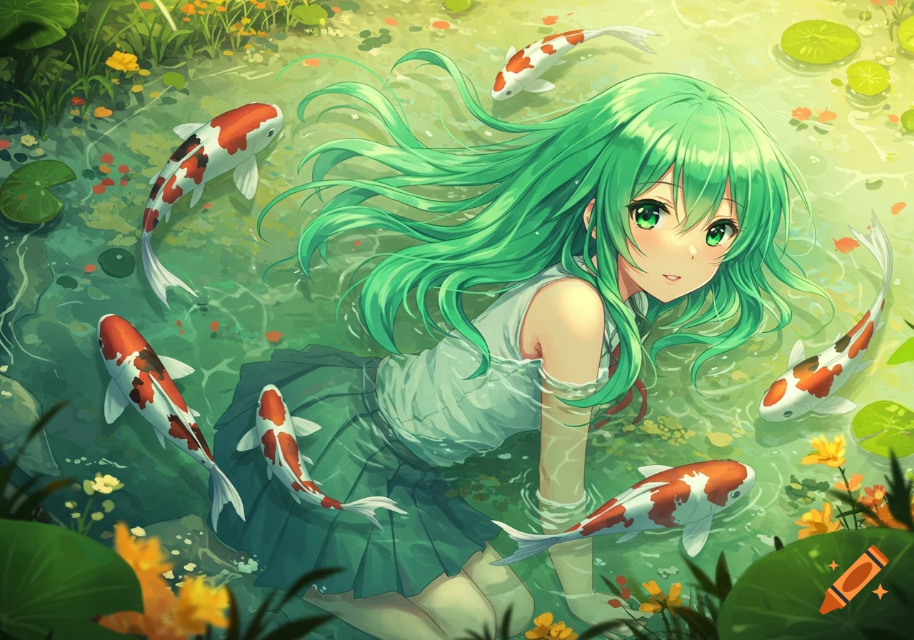 Anime girl with green hair in a pond with koi fish, looking at the camera