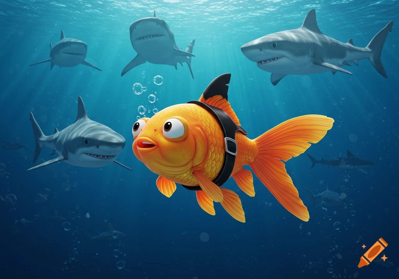 A cheerful cartoon goldfish wearing a shark fin strap swims among realistic sharks in the ocean.