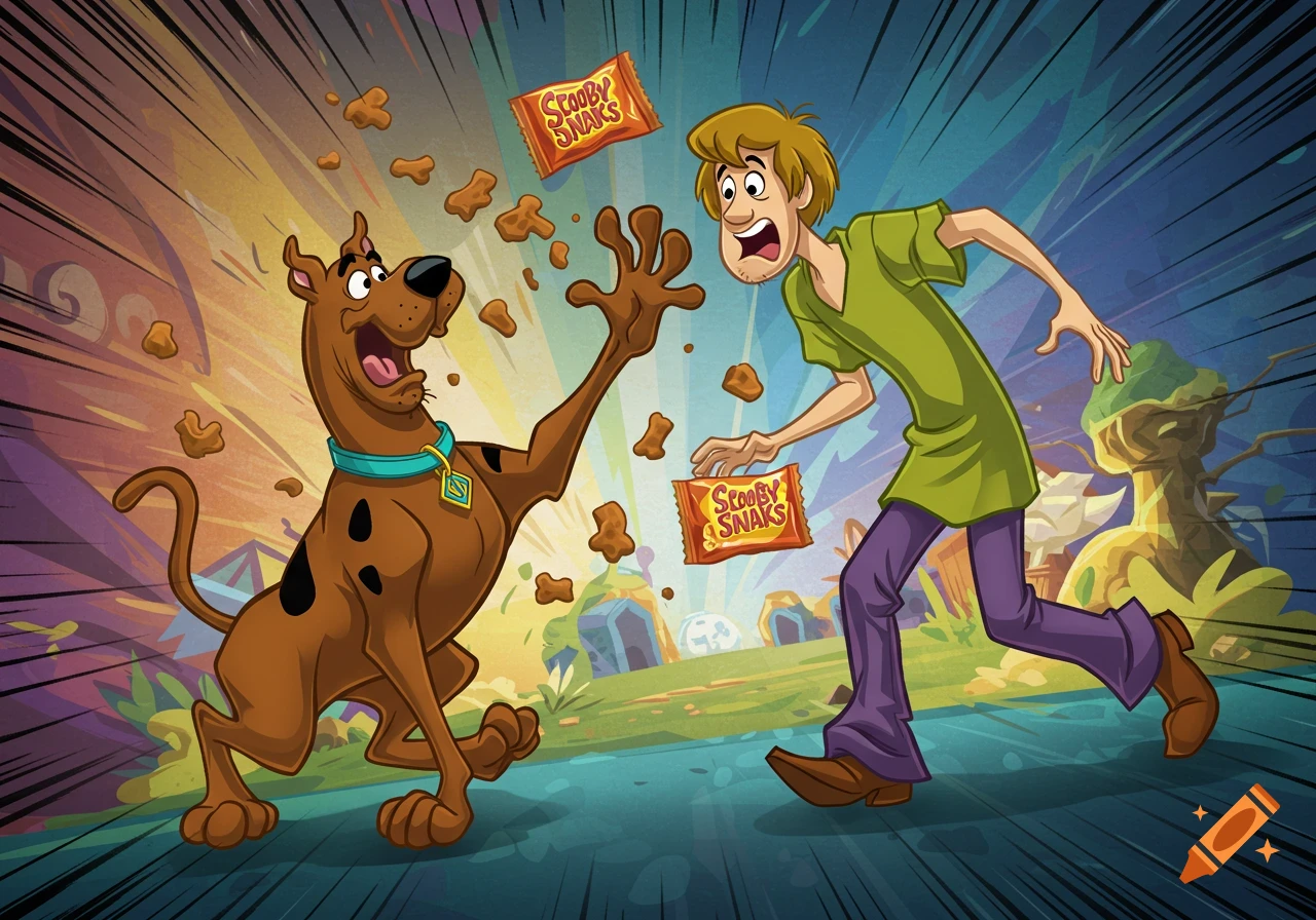 Scooby-Doo throws Scooby Snacks at Shaggy in cartoon style.