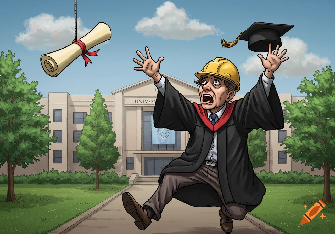 A cartoon of a panicked student in graduation gown and hard hat jumps for a diploma hanging from a string above a university building.