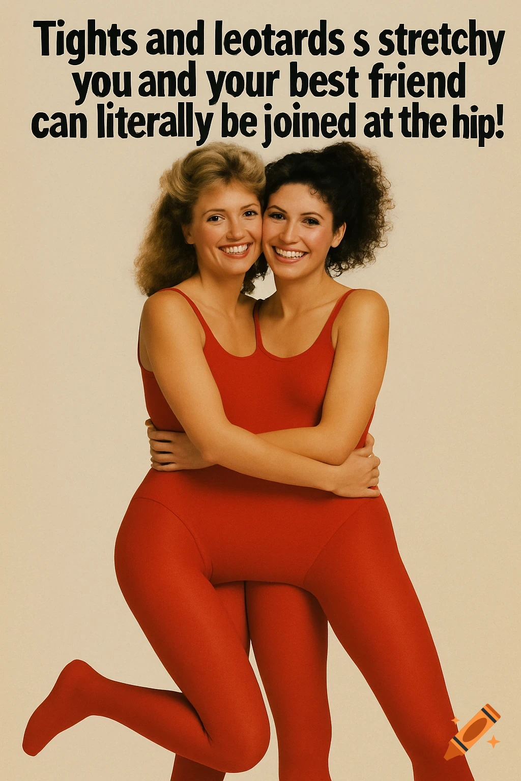 Two women in red leotard and tights embrace, appearing joined at the hip, with text overlay.