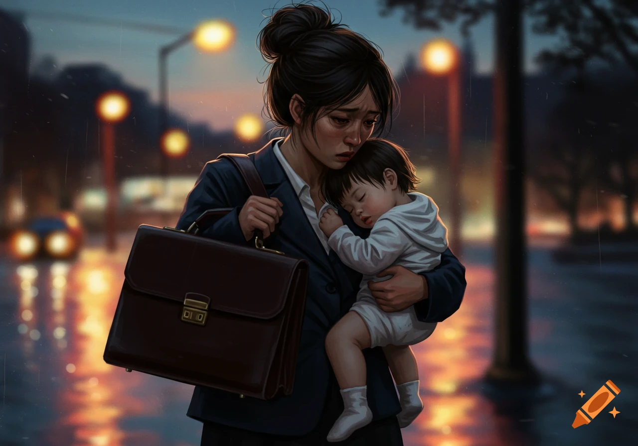 Illustration of a sad mother holding her sleeping baby and briefcase in the rain on a city street.