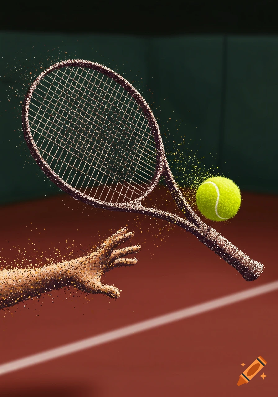 Hand, tennis racket, and ball in action on court, rendered in Ben-Day dots style.