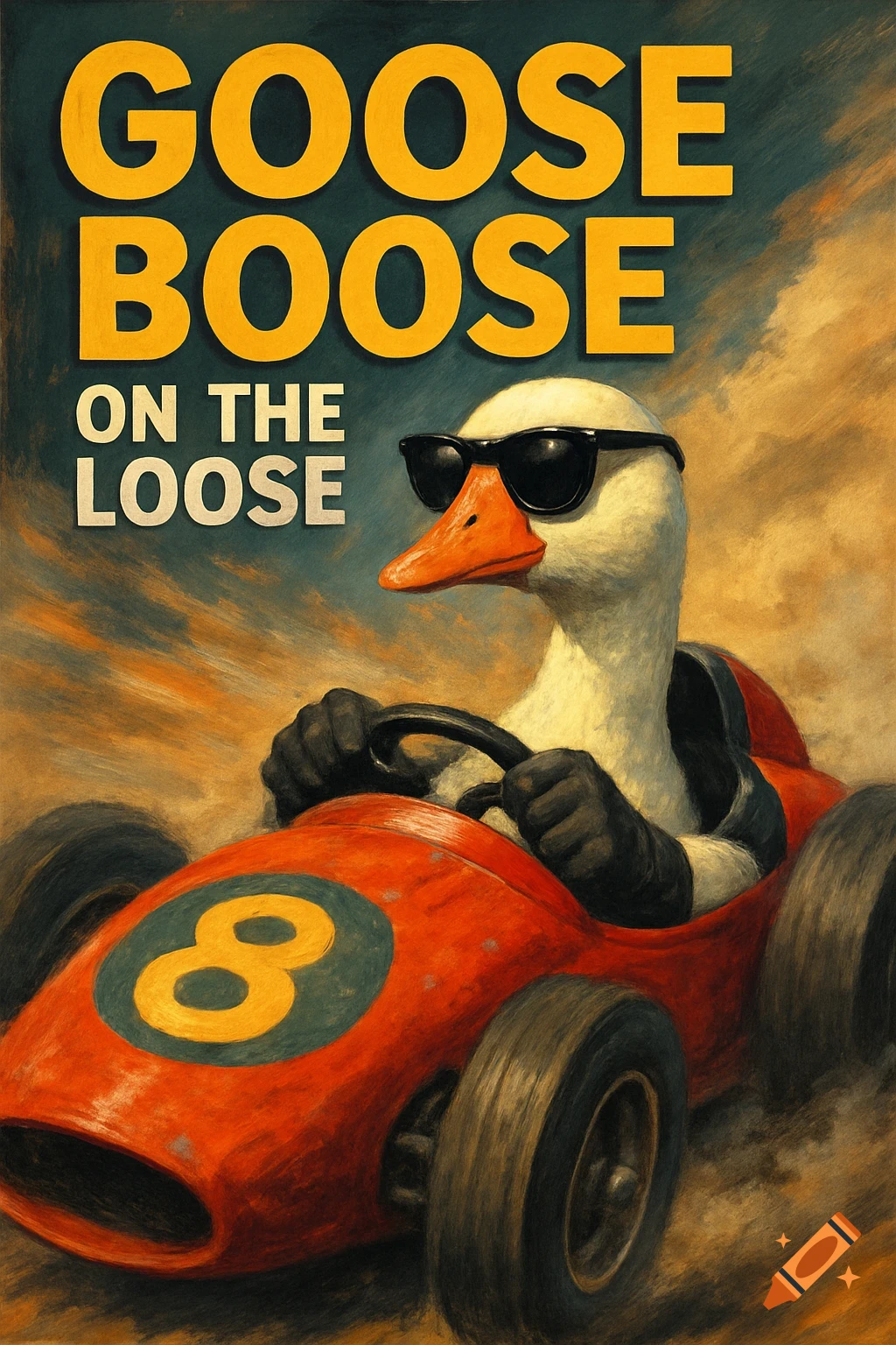 A goose wearing sunglasses drives a red race car with the number 8. Text reads GOOSE BOOSE ON THE LOOSE. Stylized like a movie poster.