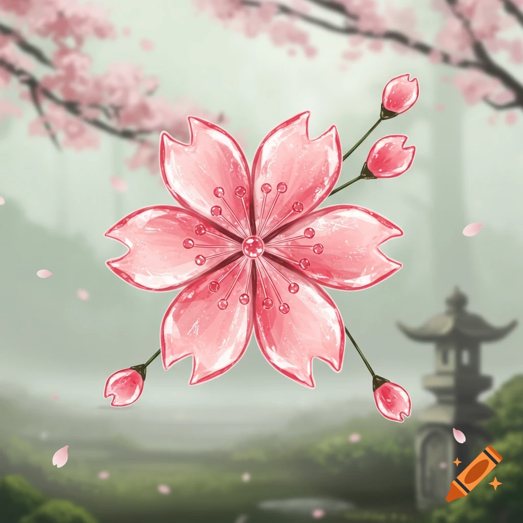 A stylized pink cherry blossom with sparkling details set against a blurred Japanese garden.
