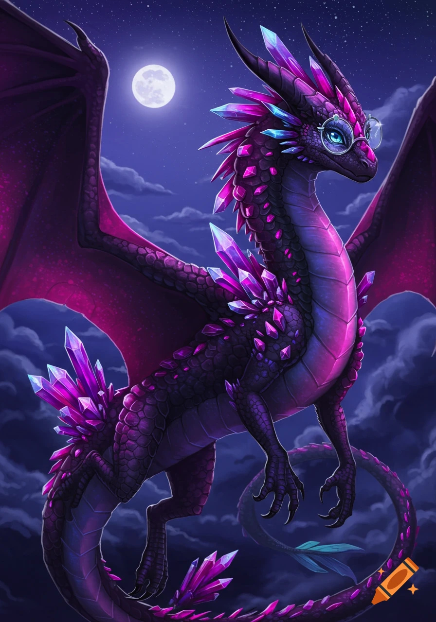 A purple and pink crystal dragon wearing glasses flies in a starry night sky.