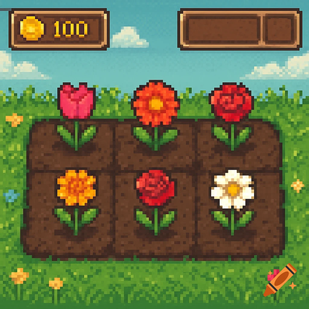 Pixel art game UI showing flowers in a garden with a coin counter.