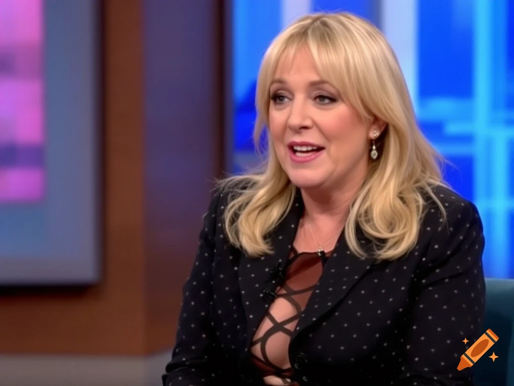 A woman with blonde hair speaking on a television show set